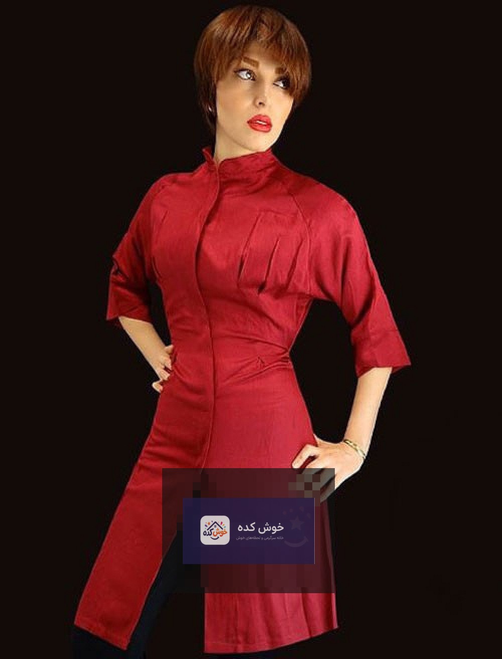 مدل مانتو مجلسی کوتاه و مدرن لالوند با یقه انگلیسی و کمربند، به رنگ کرم، مناسب برای مجالس و دیدارهای رسمی