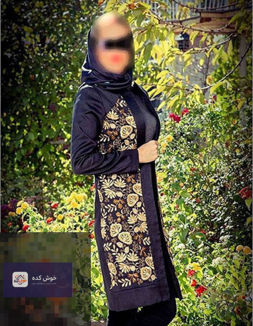 مدل مانتو بهاری و عید 95 مزون آناهیتا جلالی، مانتو کوتاه آبی با طرح‌های گلدار و یقه هفت