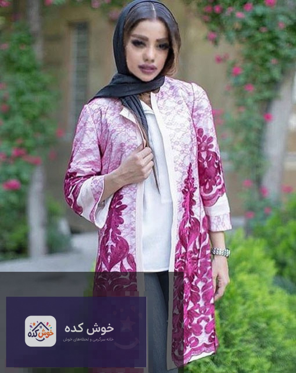 مانتو مجلسی کوتاه جلو باز طرحدار مدل مانتو مجلسی کوتاه جلو باز با پارچه طرحدار و آستینهای پفکی، مناسب برای مهمانیها و مجالس
