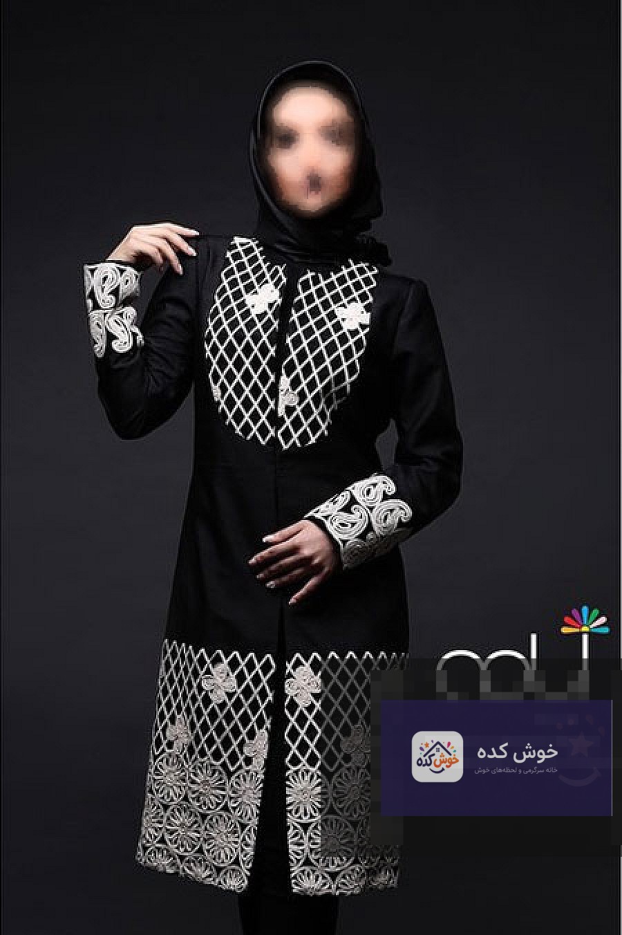 مانتو مجلسی 2016 آپامه مدل مانتو عید 95 برند آپامه، بلند و جلوباز با پارچه طرحدار و آستینهای گشاد، مناسب برای خانمهای شیکپوش