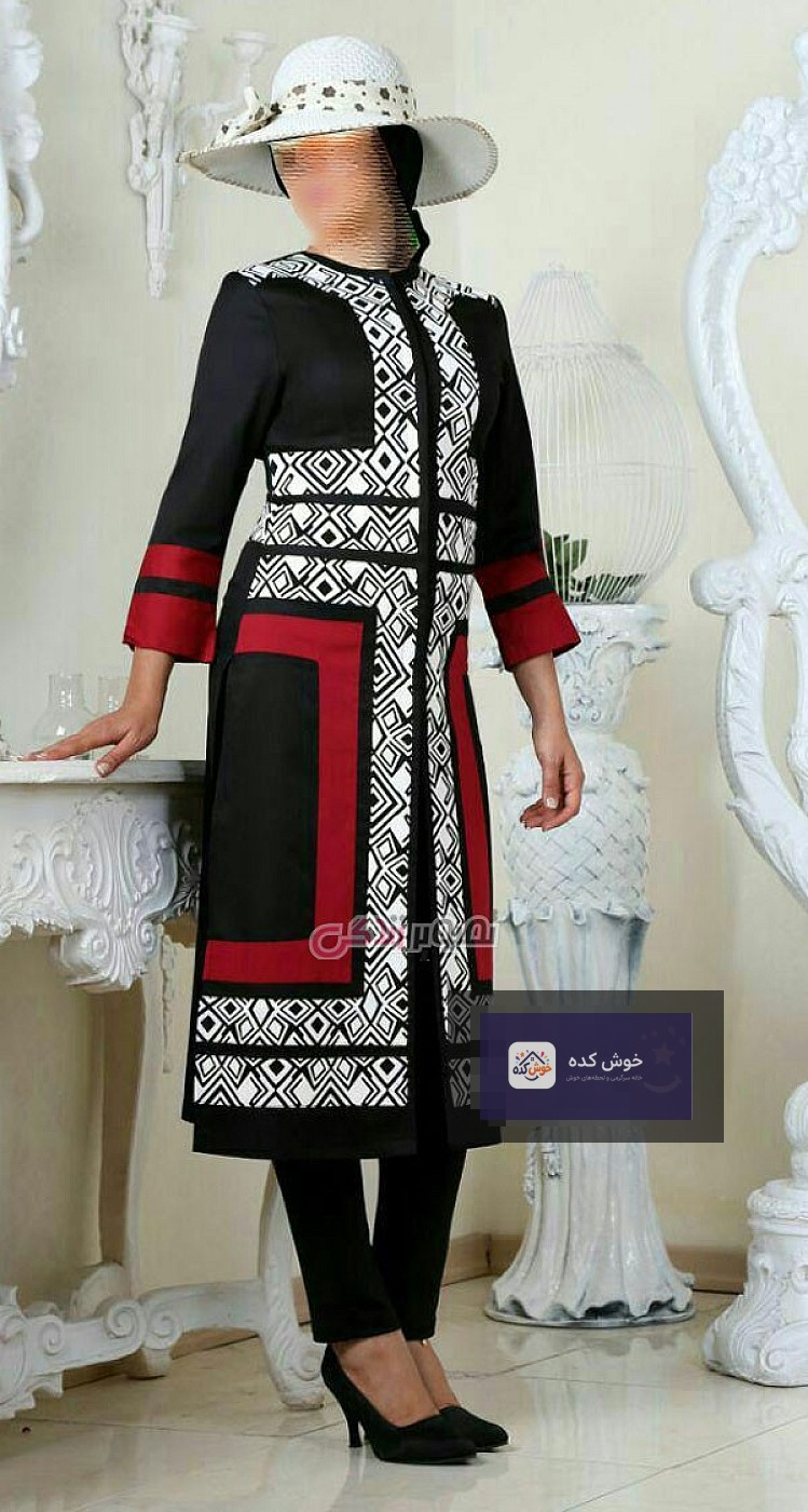 تصویری از مدل مانتو مجلسی ترکیبی سفید و مشکی، با جزئیات ظریف و دوخت عالی