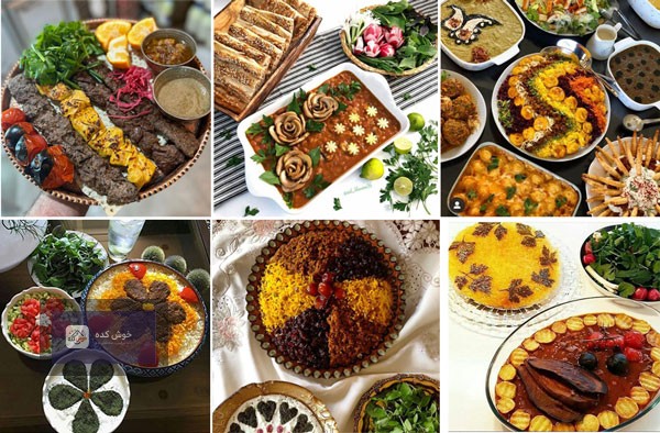 سفره‌ای رنگین از غذاهای سنتی ایرانی، شامل انواع خورش و پلو، مناسب برای ناهار و شام
