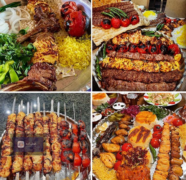 سیخ‌های کباب کوبیده و برگ، در کنار گوجه و فلفل کبابی، آماده سرو در رستوران