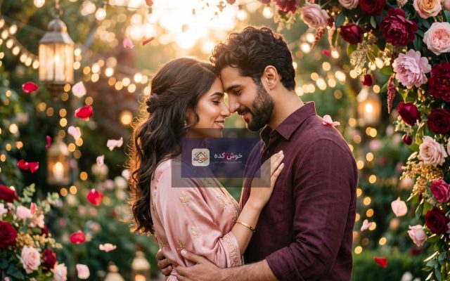 متن عاشقانه کوتاه و جذاب با پس‌زمینه گل‌های صورتی و قلب، مناسب برای بیو و استوری
