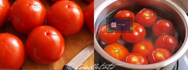 مراحل اولیه تهیه رب گوجه فرنگی خانگی: گوجه‌ها در حال خرد شدن برای پخت هستند.