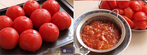 گوجه فرنگی‌های خرد شده در حال پخت ملایم در یک قابلمه بزرگ برای نرم شدن و آماده‌سازی جهت آبگیری.