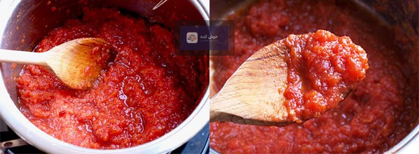 آب گوجه فرنگی صاف شده و آماده برای پخت نهایی و غلیظ شدن در یک قابلمه بزرگ روی حرارت ملایم.