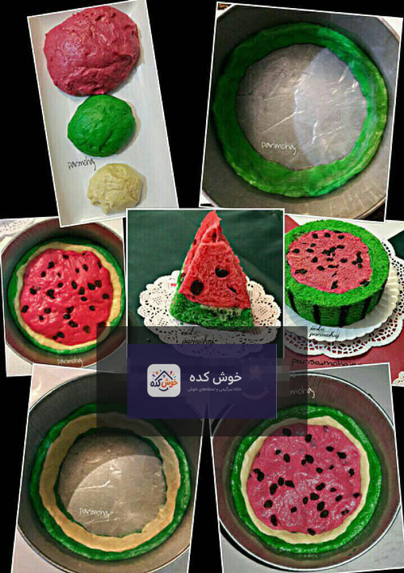 برش های نان هندوانه ای سه رنگ با مغز قرمز و سبز و پوسته سفید، چیده شده روی سینی