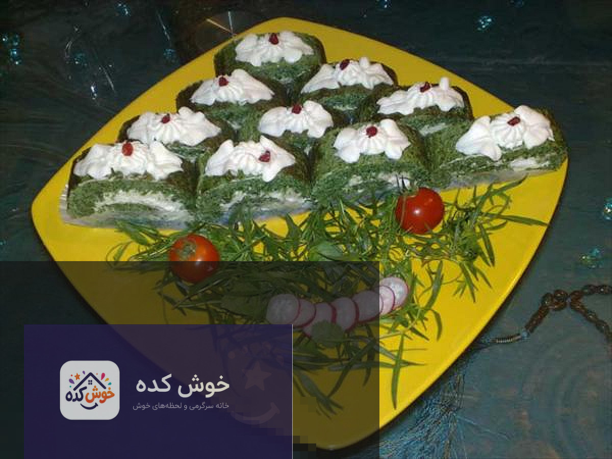 کوکو سبزی رولتی مجلسی و خوشمزه کوکو سبزی رولتی مجلسی با تزیین زرشک و گردو، آماده سرو در ظرف