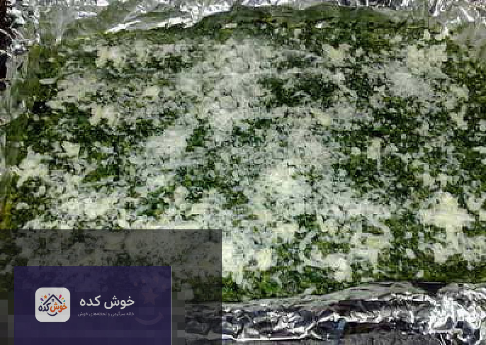 مراحل تهیه کوکو سبزی رولتی مراحل آمادهسازی و رول کردن کوکو سبزی روی سلفون، با مواد میانی