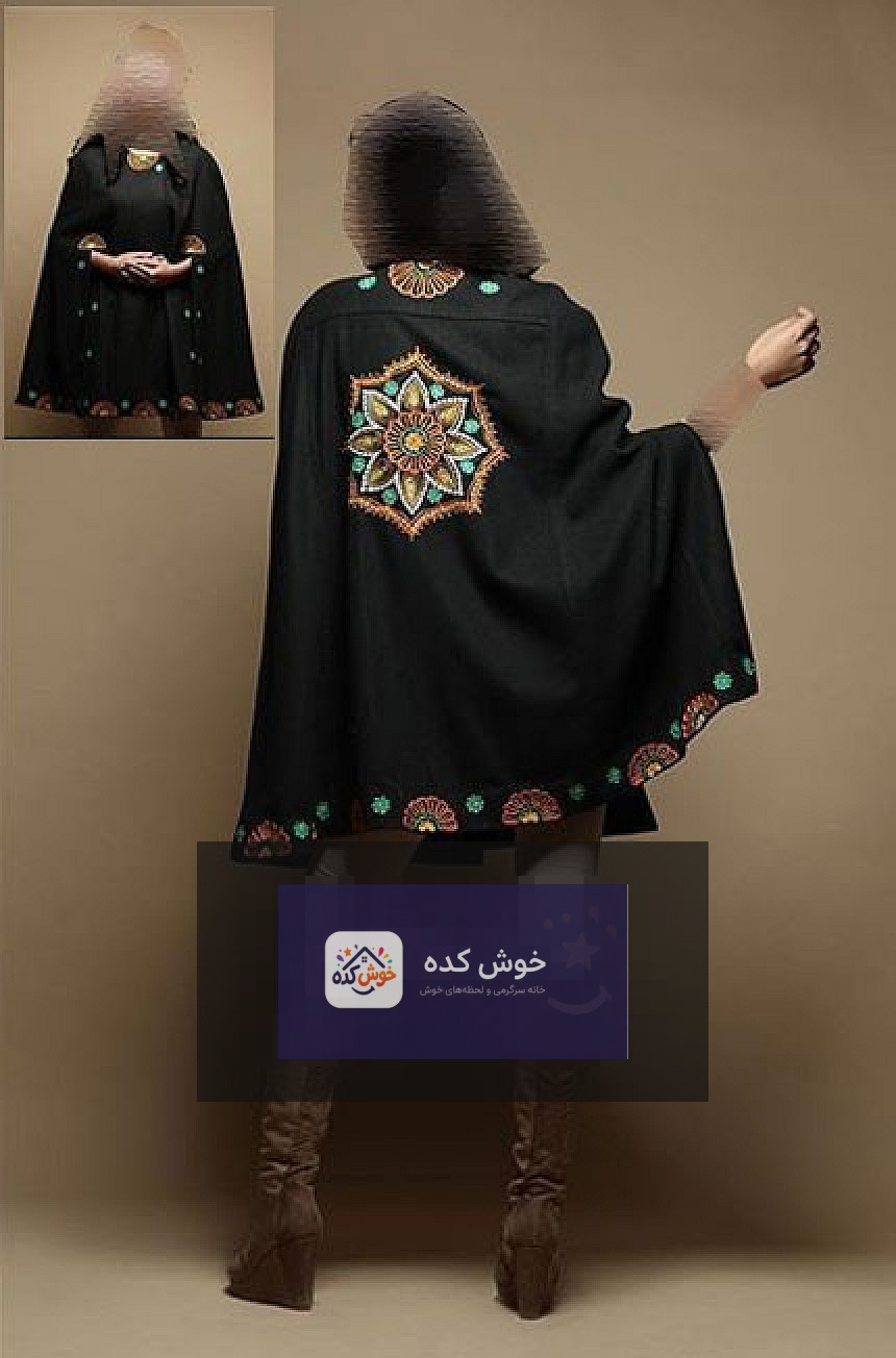 مدل مانتو مجلسی شنلی با پارچه کرپ مشکی و حاشیه دوزی طلایی، مناسب مراسم و مهمانی‌ها
