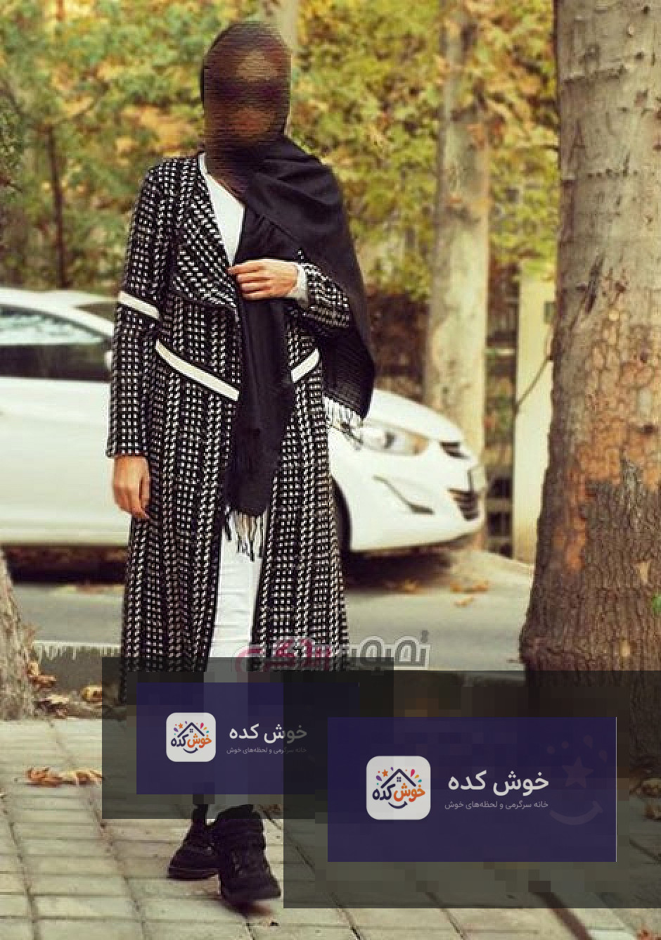 مدل مانتو زمستانی و پاییزه شیک و جدید زنانه، جلوباز با طرح چهارخانه و یقه خزدار، مناسب برای استایل روزمره