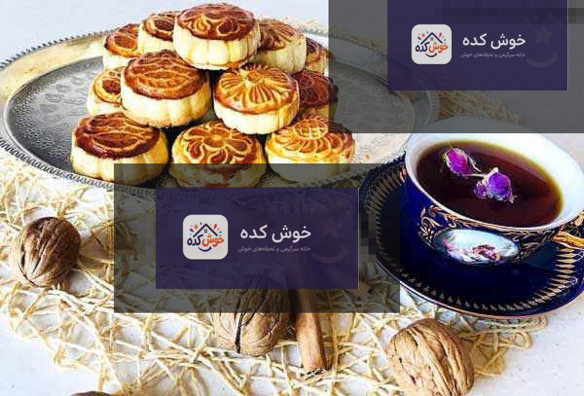 کلوچه خرمایی خانگی با سه آرد، بافتی نرم و طلایی، تزئین شده با کنجد روی سینی چوبی