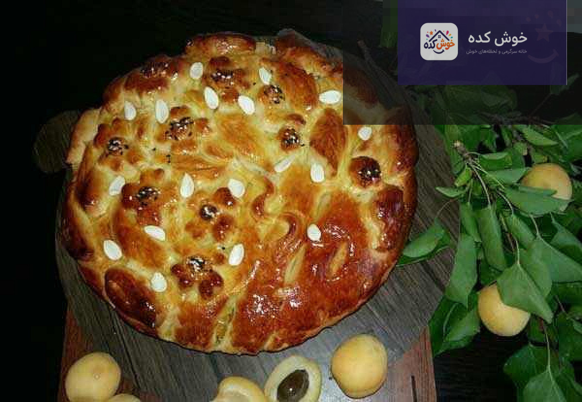 نان زردآلو خانگی خوشمزه و مقوی نان زردآلو خانگی با رویه طلایی و مغز نرم، برش خورده و آماده سرو، در کنار زردآلوهای تازه و برگ نعنا