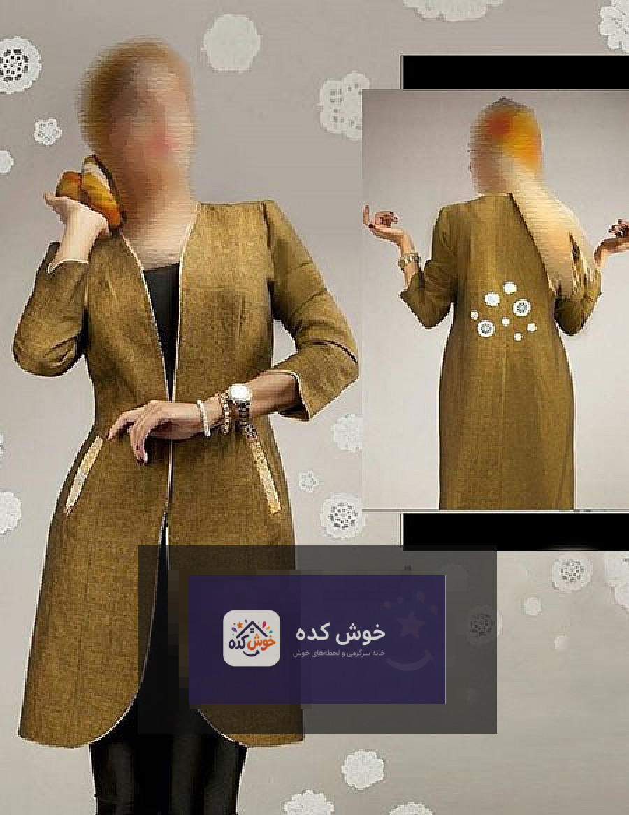 مدل مانتو مجلسی جلوباز مشکی با طرح‌های طلایی، مناسب برای مهمانی‌ها و مجالس
