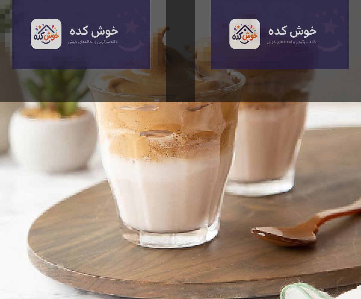 قهوه دالگونا با فوم غلیظ و شیر سرد در لیوان شیشه ای، تزیین شده با پودر کاکائو