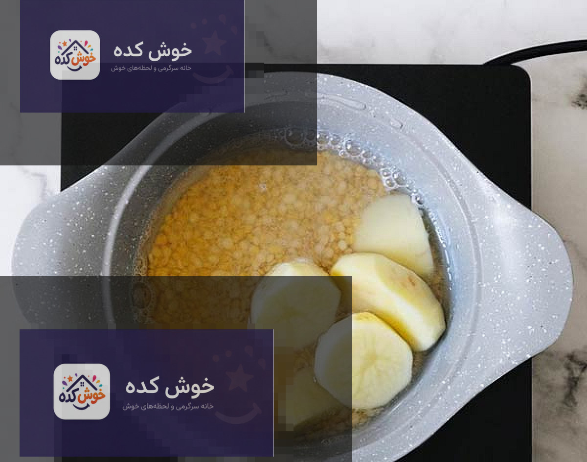 پختن لپه و سیب زمینی برای شامی لپه و سیب زمینی در حال پخت در قابلمه برای تهیه شامی بابلی